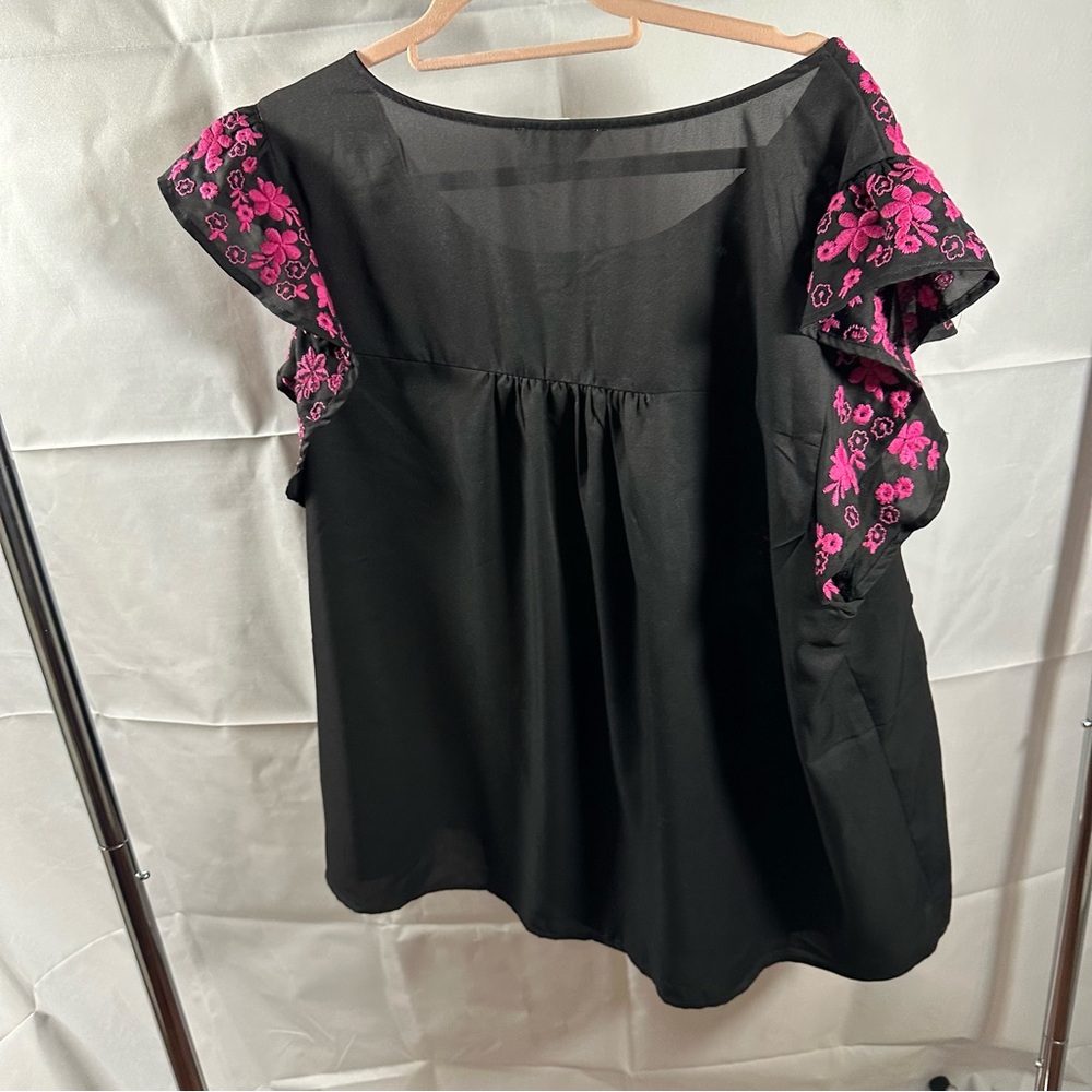 Savanna Jane Black Blouse with Hot Pink Floral Embroidery - Picture 7 of 7